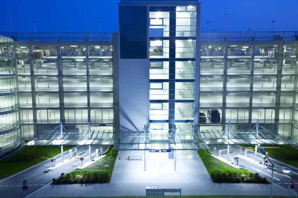 Illuminated Parking Garage at Night