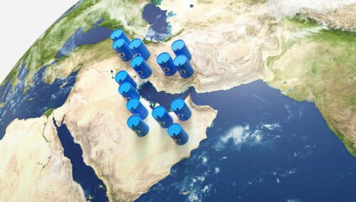 Oil Barrels on Middle East Map, Global Petroleum Industry Concept