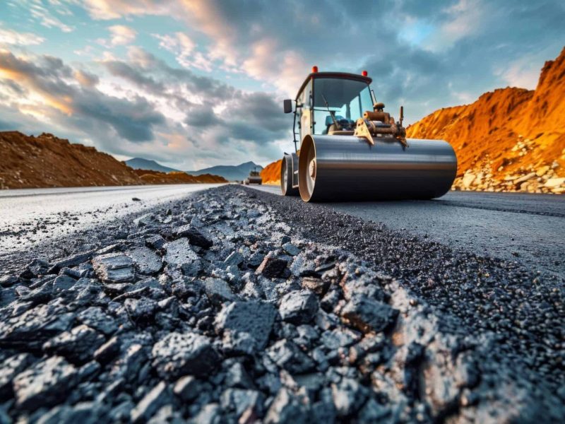 A steamroller on an asphalt road at a construction site, with stones, under a beautiful sky at sunset