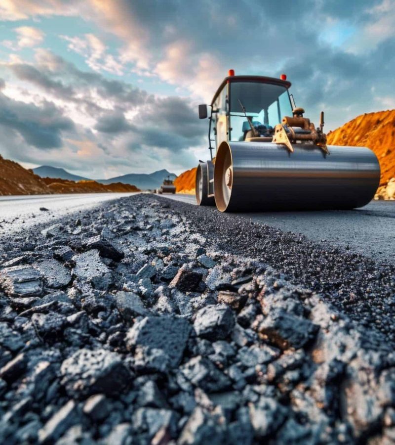 A steamroller on an asphalt road at a construction site, with stones, under a beautiful sky at sunset