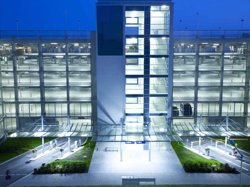 Illuminated Parking Garage at Night