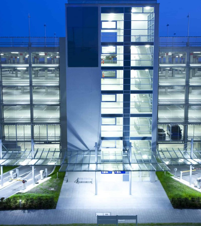 Illuminated Parking Garage at Night